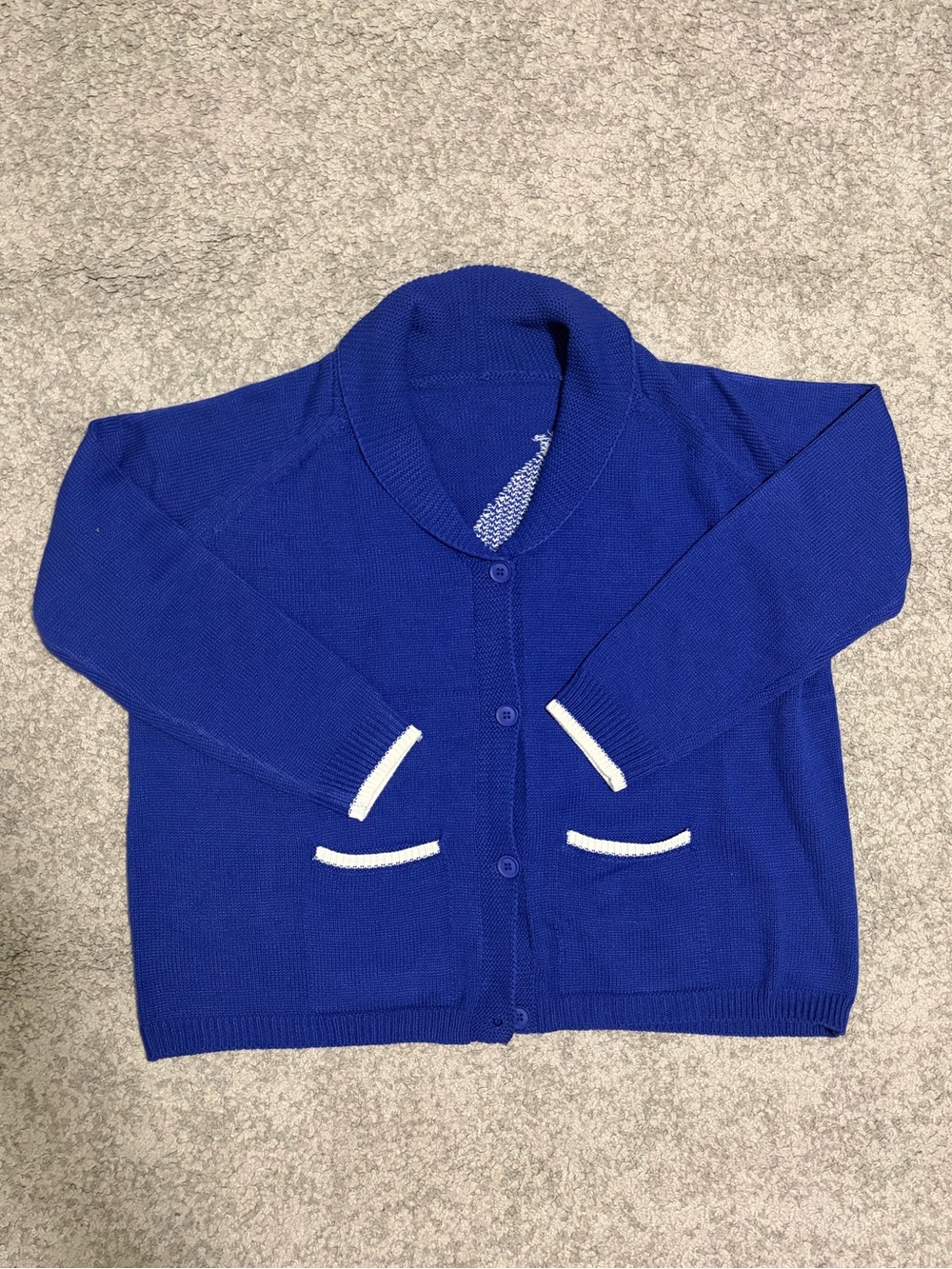 Button-Front Shawl Collar Cardigan in Royal Blue with White Trim